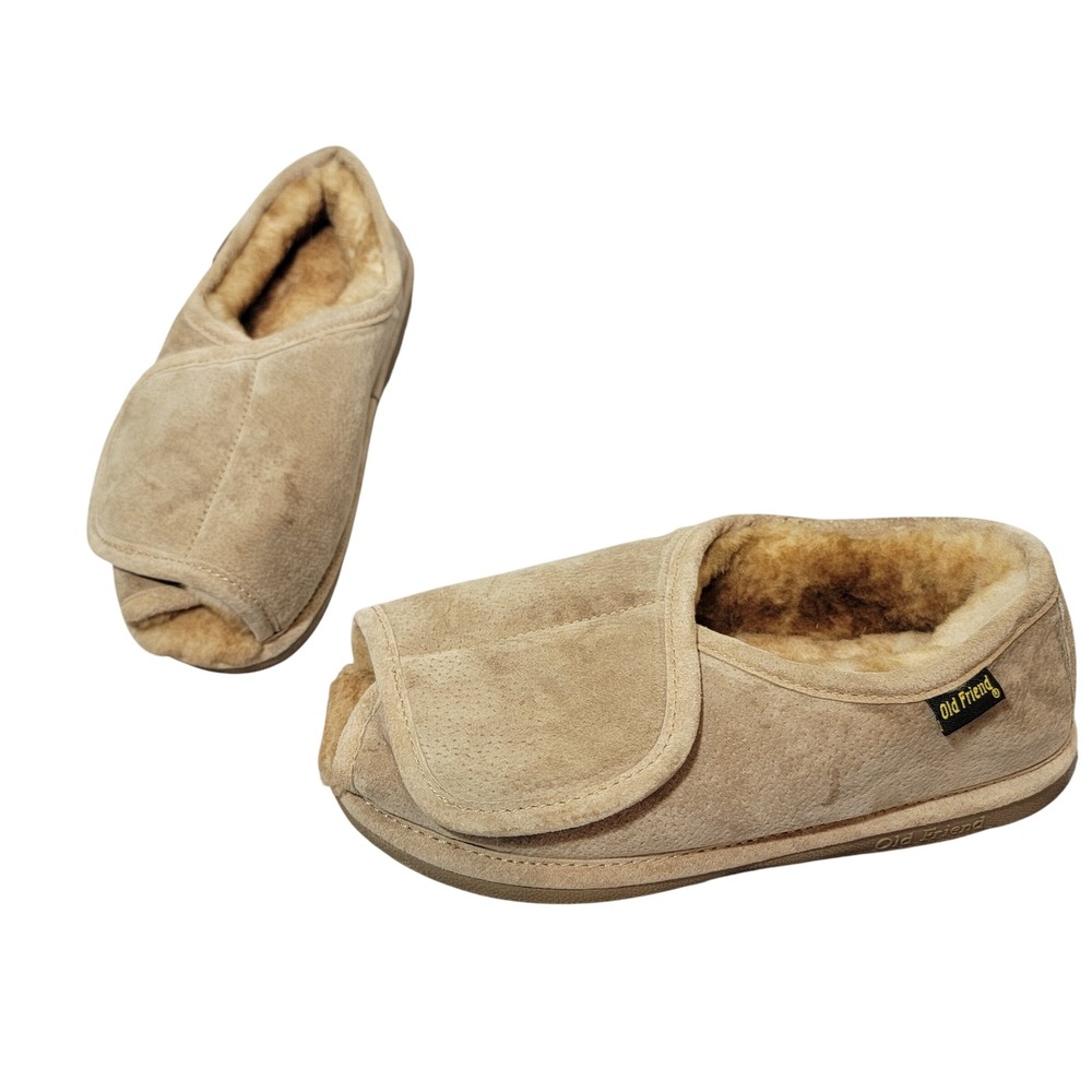 Old‎ Friend Womens Step-In Sheepskin Adjustable Open Toe Slippers Tan L 9.5-10.5